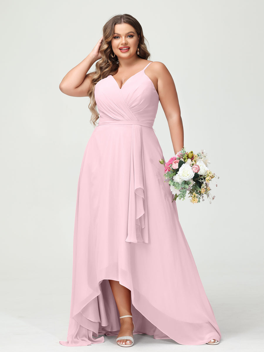 Vestidos Princesa/ Formato A com Alças Finas Em Chiffon Babados Assimétricos Vestidos de Dama de Honra com Bolsos