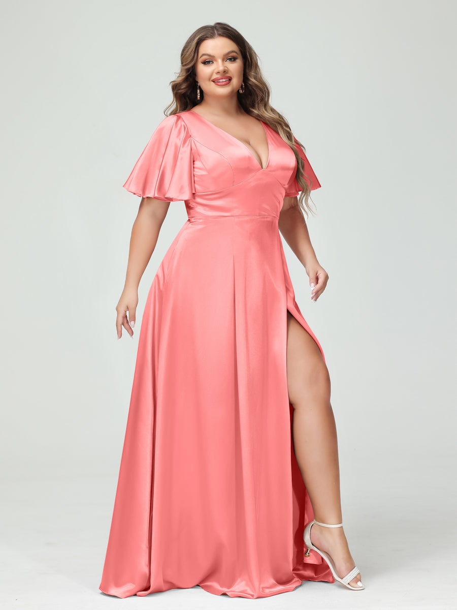 Vestidos de Dama de Honra com Decote Em V Meia Manga Cetim de Seda Plus Size com Bolsos