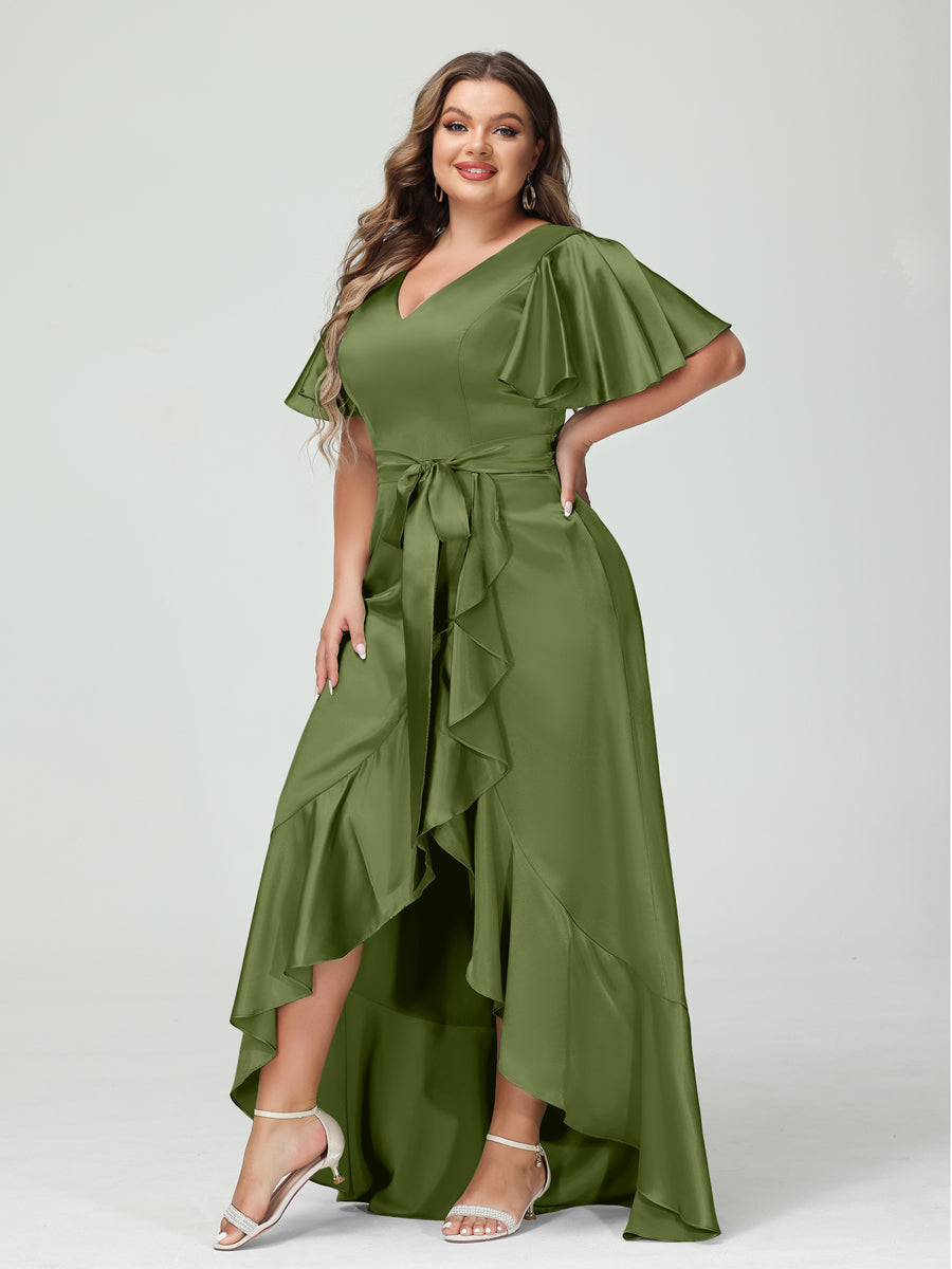 Bainha/Coluna Decote Em V Manga Curta Babados Assimétrico Vestidos Plus Size com Bolsos e Faixas