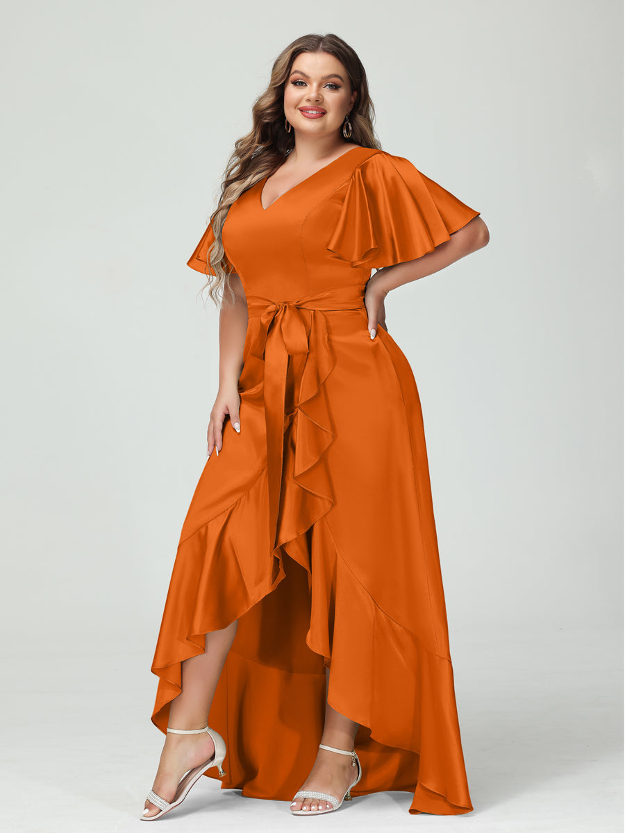 Bainha/Coluna Decote Em V Manga Curta Babados Assimétrico Vestidos Plus Size com Bolsos e Faixas