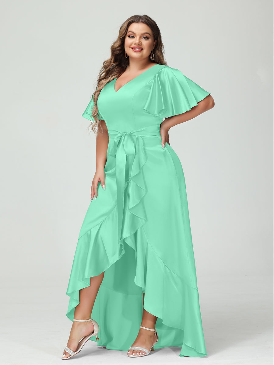 Bainha/Coluna Decote Em V Manga Curta Babados Assimétrico Vestidos Plus Size com Bolsos e Faixas