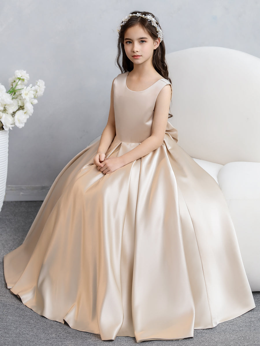Vestidos de Flores de Cetim com Gola Redonda e Laço
