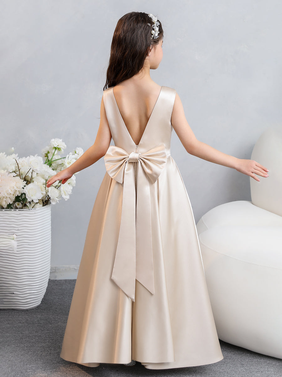 Vestidos de Flores de Cetim com Gola Redonda e Laço