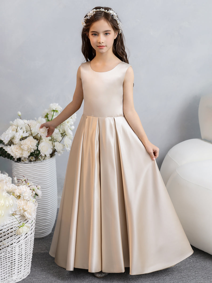 Vestidos de Flores de Cetim com Gola Redonda e Laço