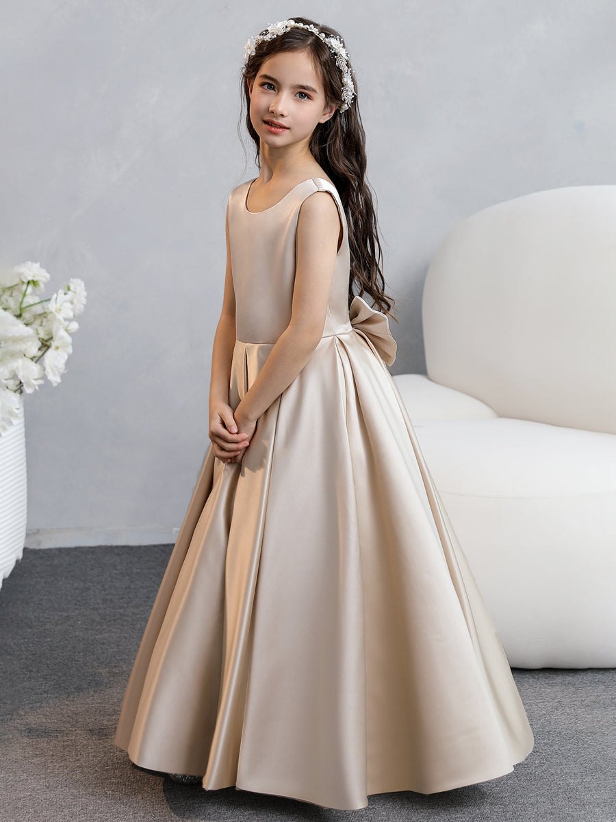Vestidos de Flores de Cetim com Gola Redonda e Laço
