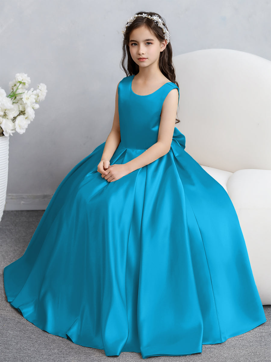 Vestidos de Flores de Cetim com Gola Redonda e Laço