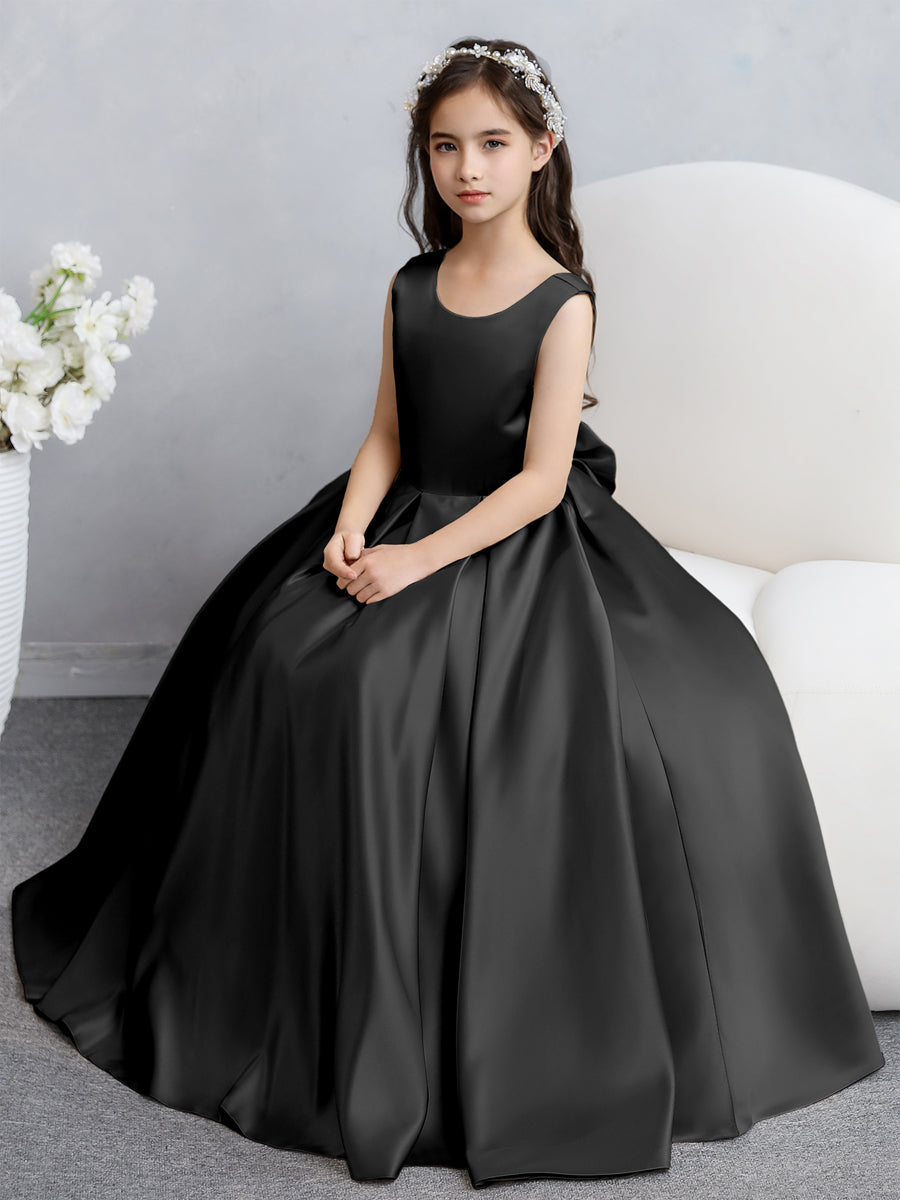 Vestidos de Flores de Cetim com Gola Redonda e Laço