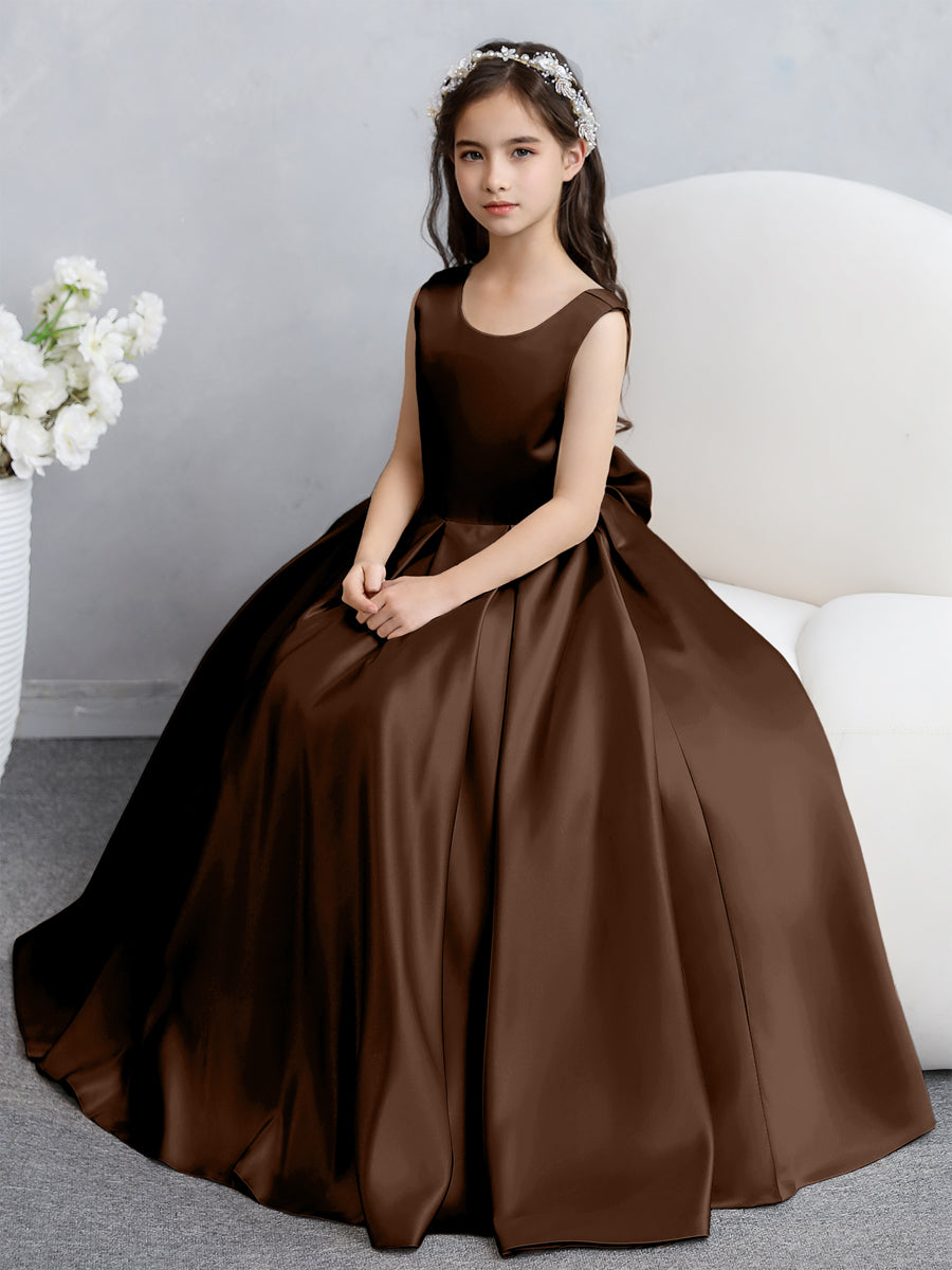 Vestidos de Flores de Cetim com Gola Redonda e Laço