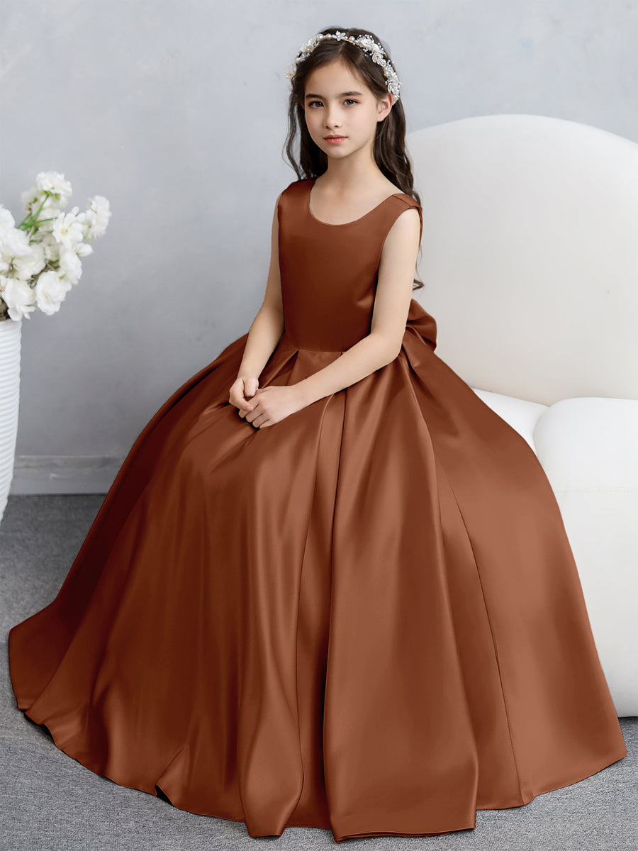 Vestidos de Flores de Cetim com Gola Redonda e Laço