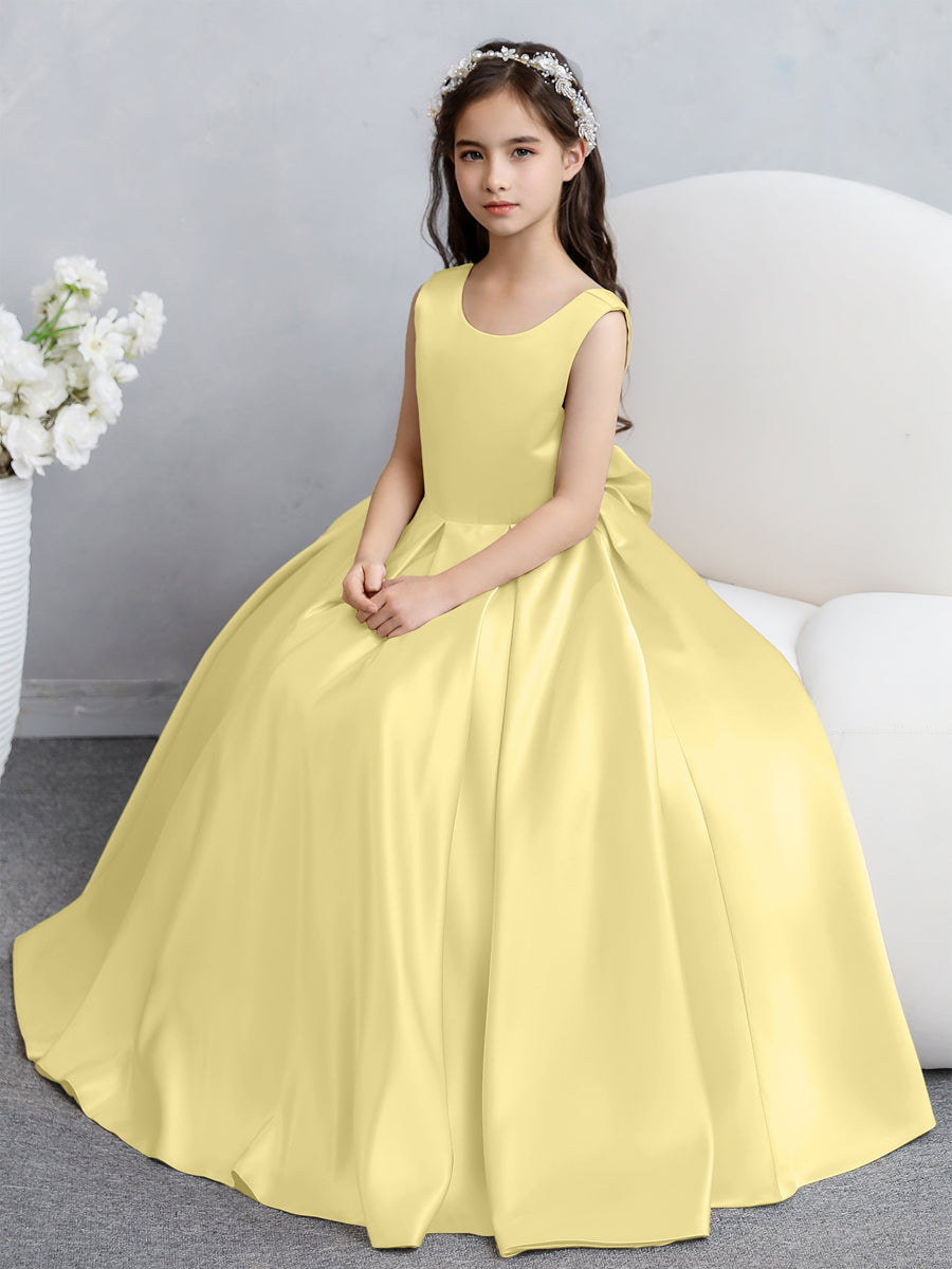 Vestidos de Flores de Cetim com Gola Redonda e Laço