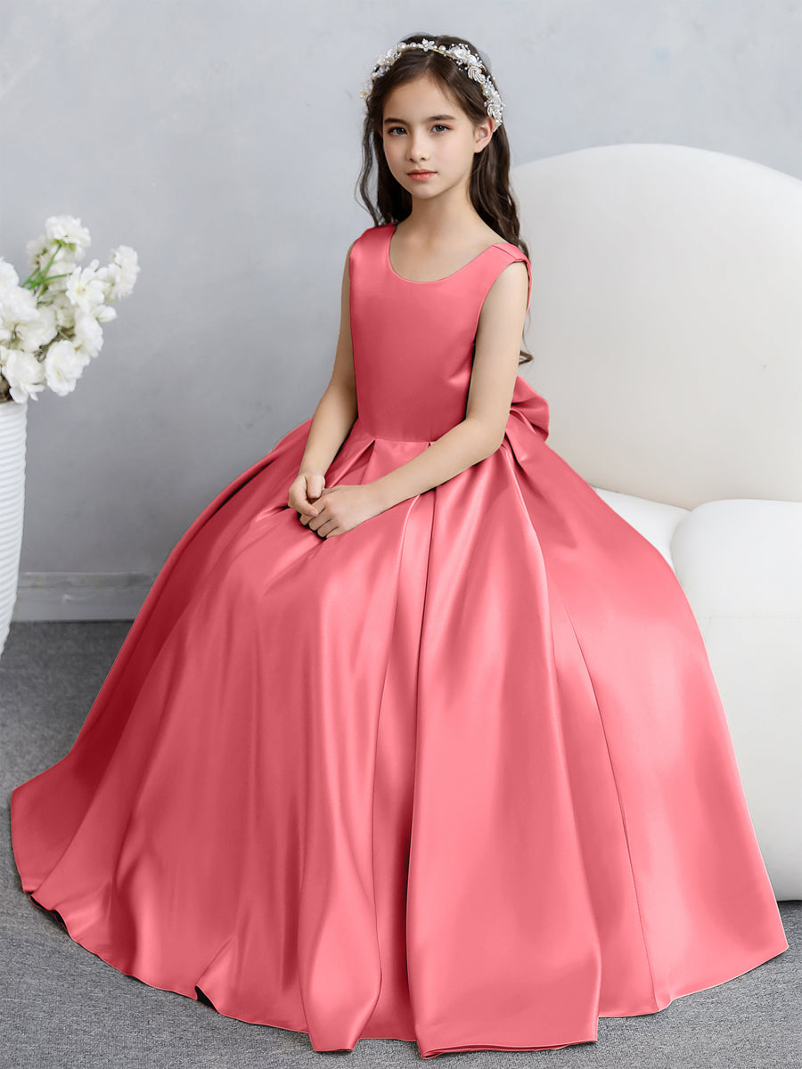 Vestidos de Flores de Cetim com Gola Redonda e Laço