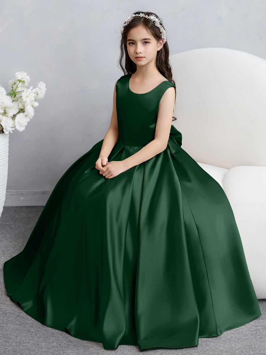 Vestidos de Flores de Cetim com Gola Redonda e Laço
