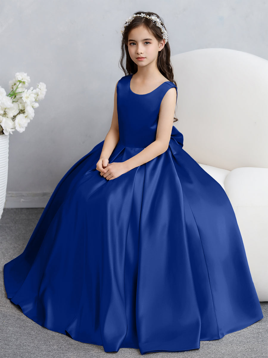 Vestidos de Flores de Cetim com Gola Redonda e Laço