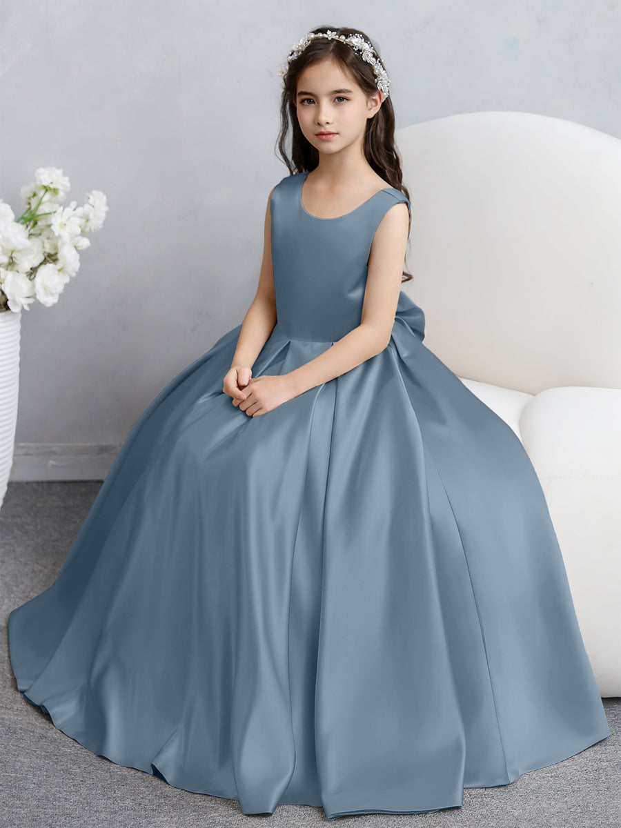 Vestidos de Flores de Cetim com Gola Redonda e Laço