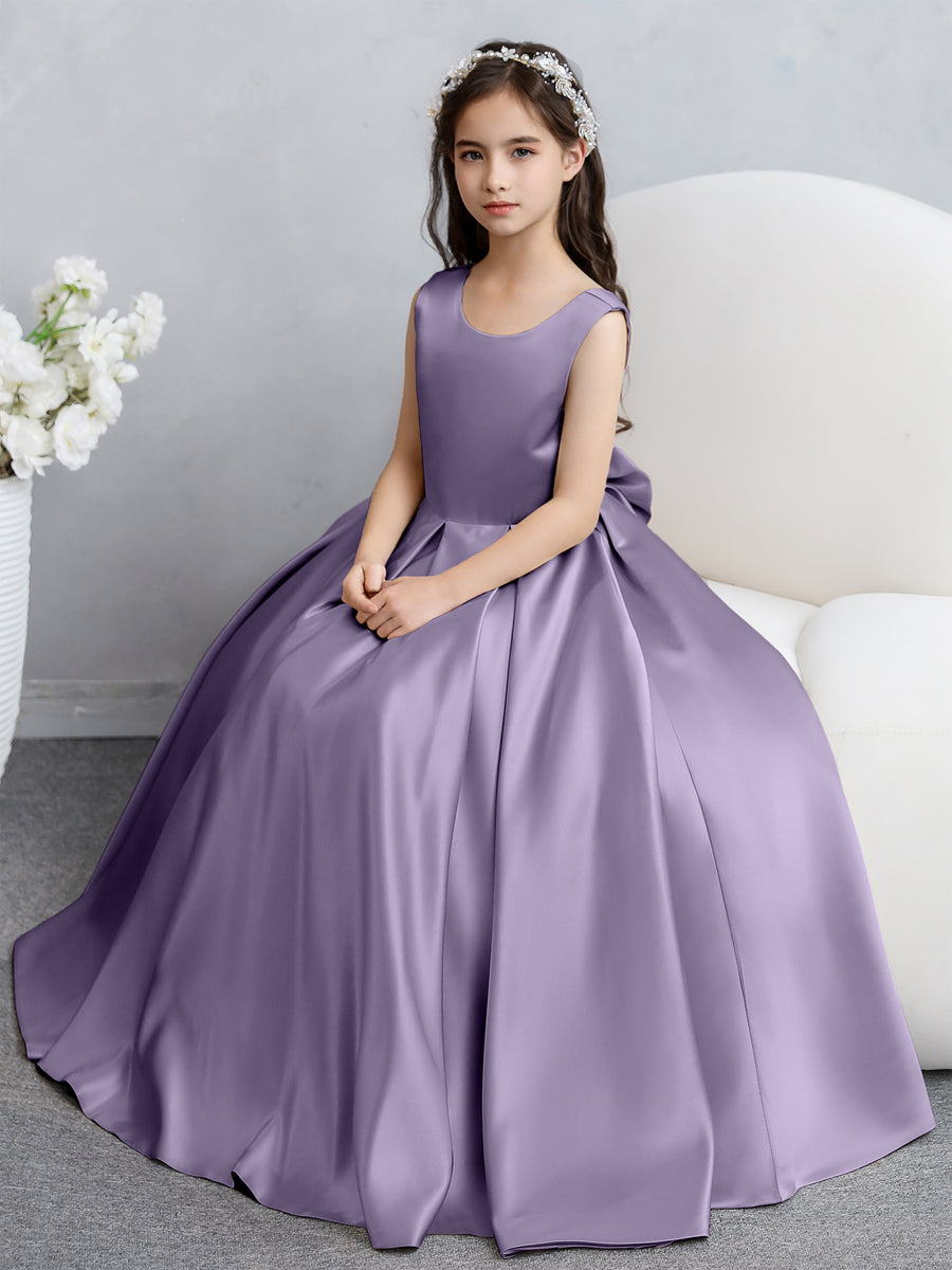 Vestidos de Flores de Cetim com Gola Redonda e Laço