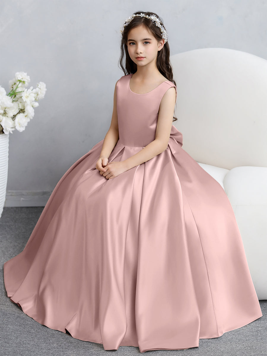 Vestidos de Flores de Cetim com Gola Redonda e Laço