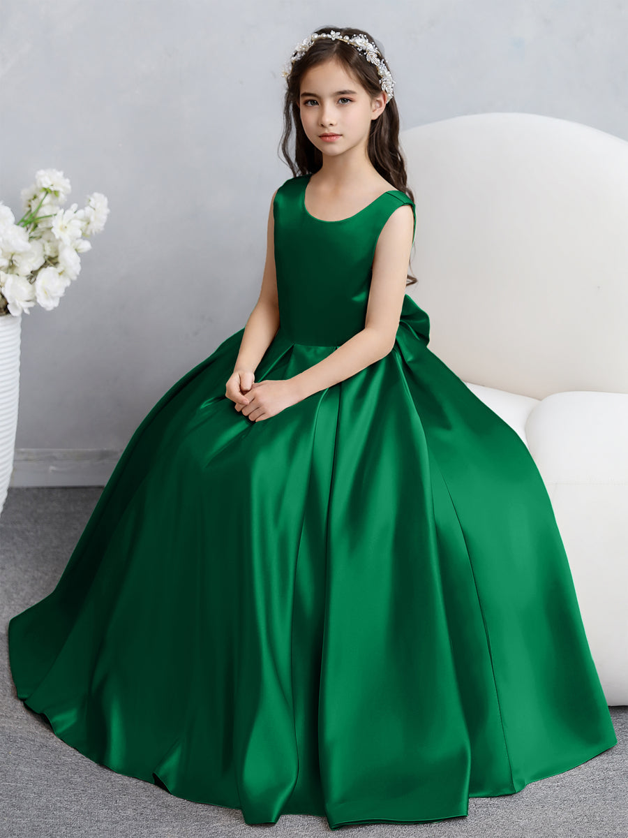 Vestidos de Flores de Cetim com Gola Redonda e Laço