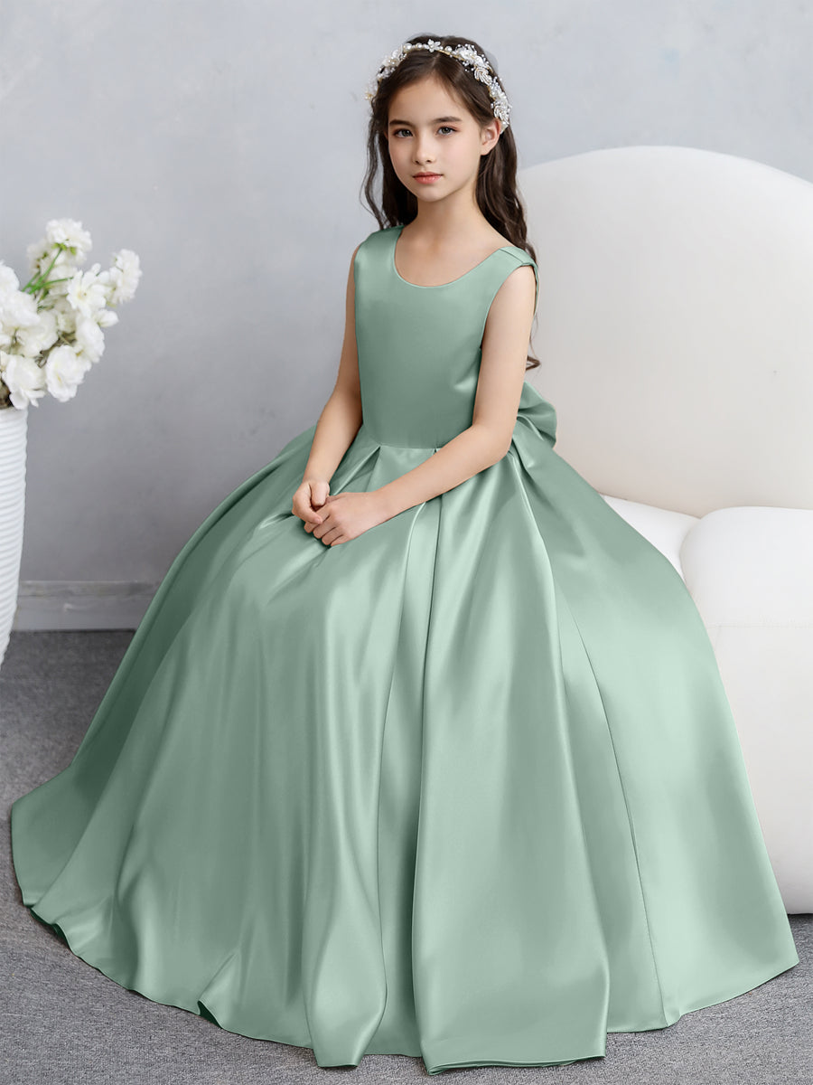 Vestidos de Flores de Cetim com Gola Redonda e Laço