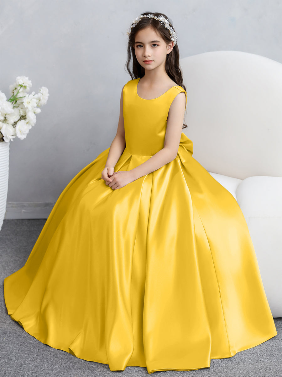 Vestidos de Flores de Cetim com Gola Redonda e Laço