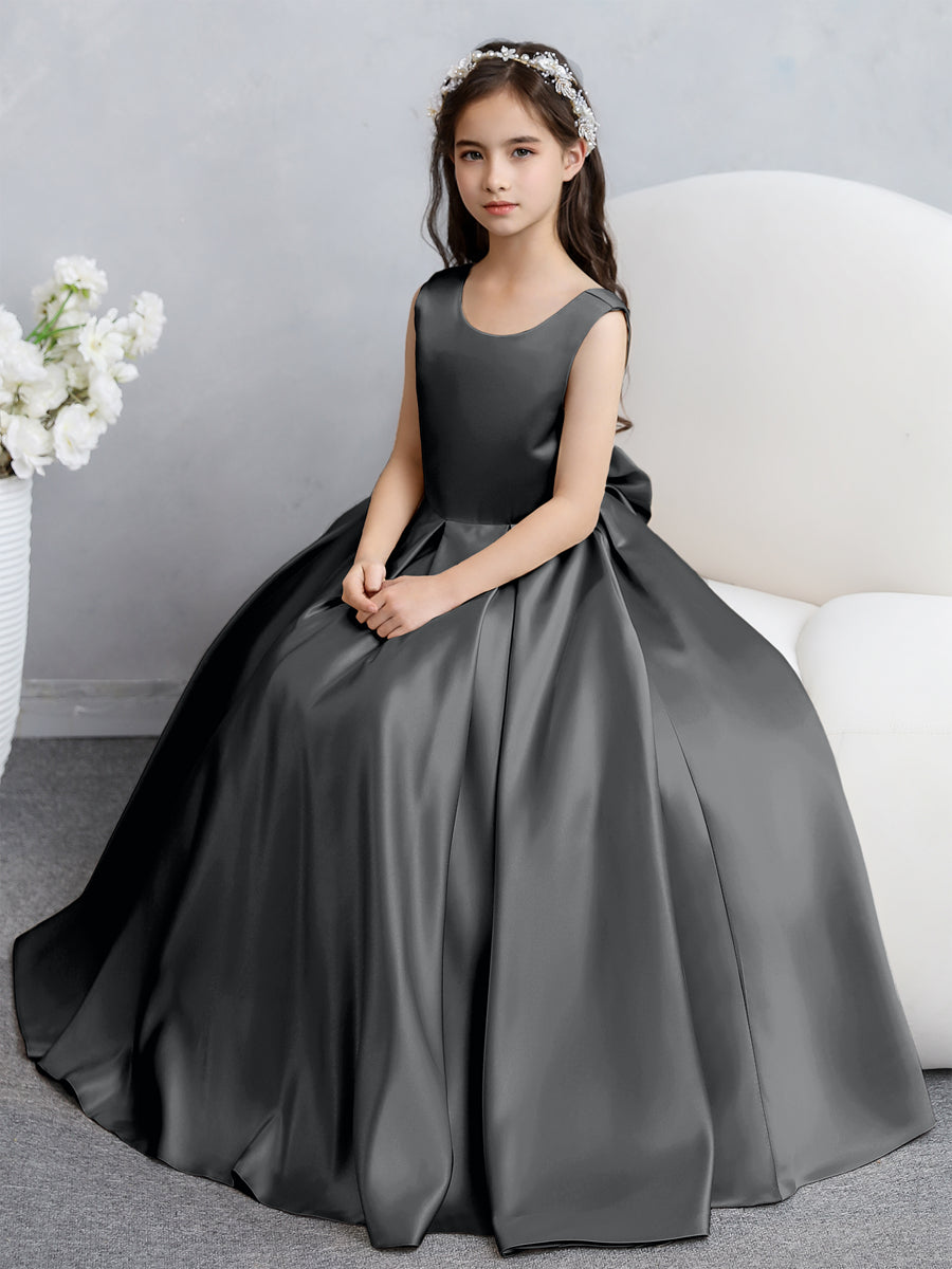 Vestidos de Flores de Cetim com Gola Redonda e Laço