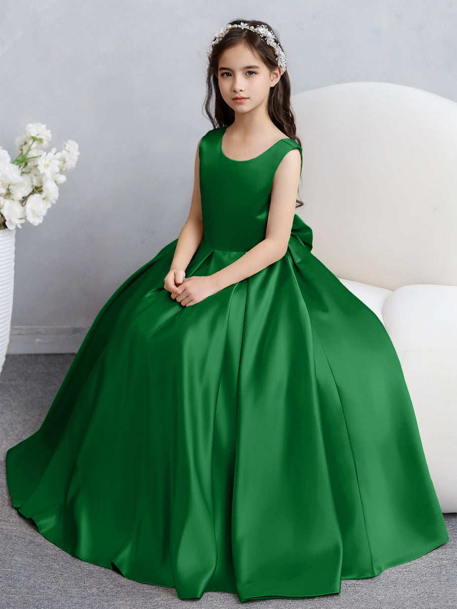 Vestidos de Flores de Cetim com Gola Redonda e Laço