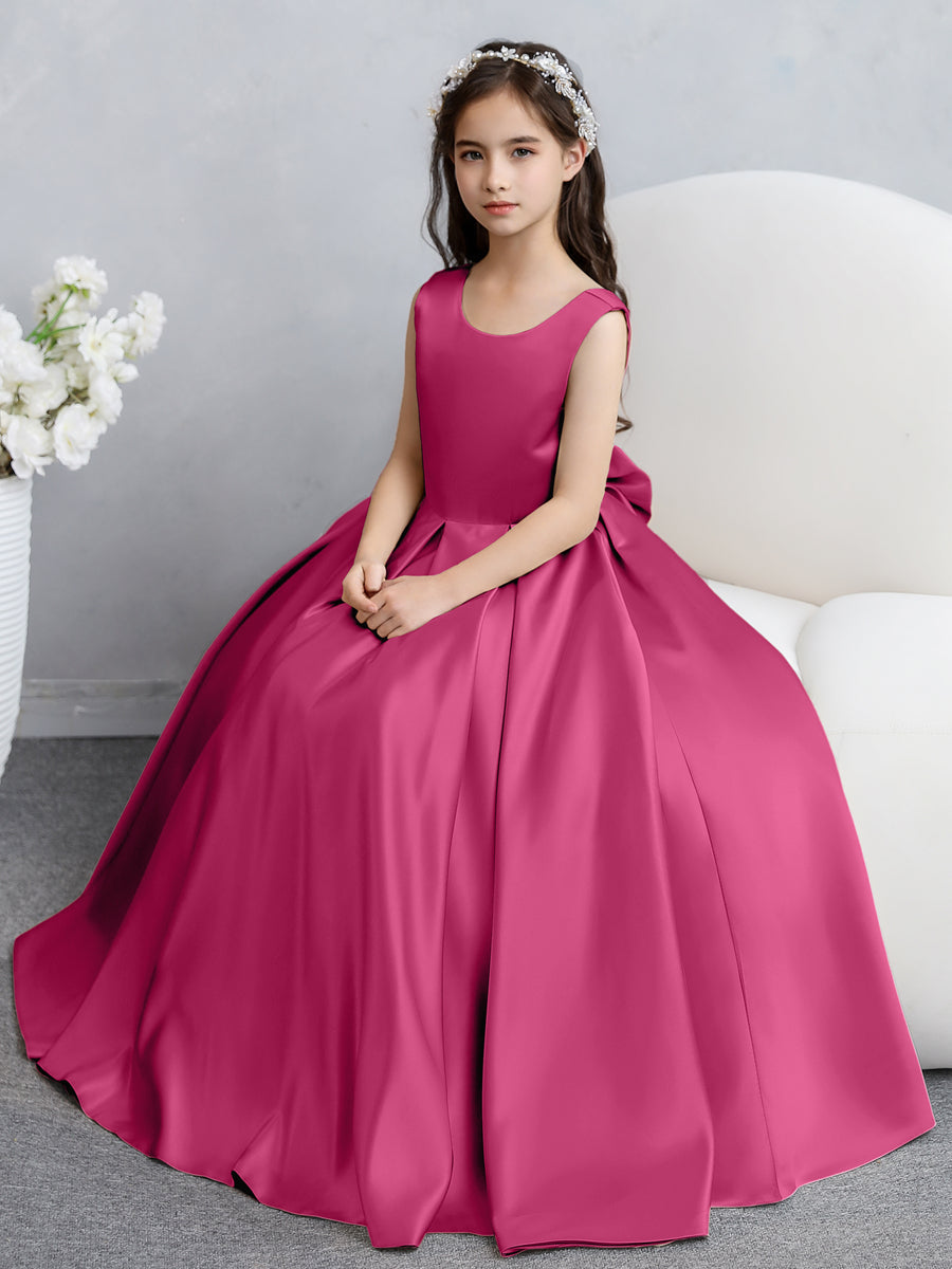 Vestidos de Flores de Cetim com Gola Redonda e Laço