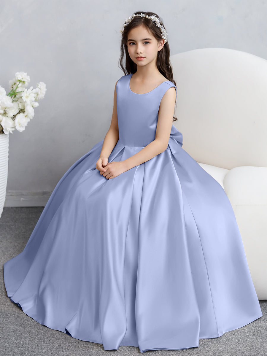 Vestidos de Flores de Cetim com Gola Redonda e Laço