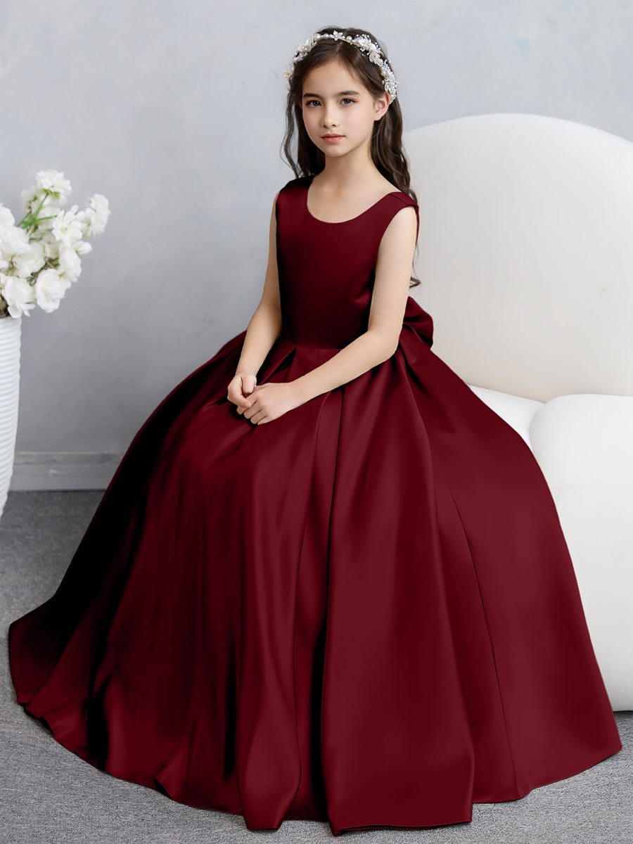 Vestidos de Flores de Cetim com Gola Redonda e Laço