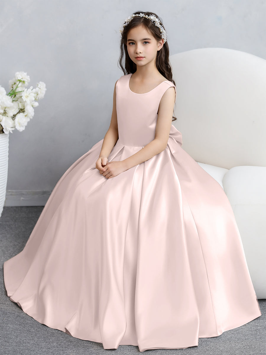 Vestidos de Flores de Cetim com Gola Redonda e Laço