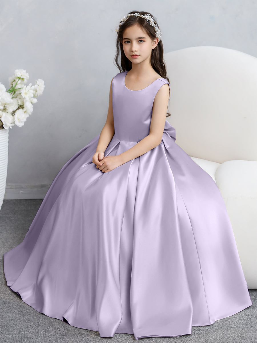 Vestidos de Flores de Cetim com Gola Redonda e Laço