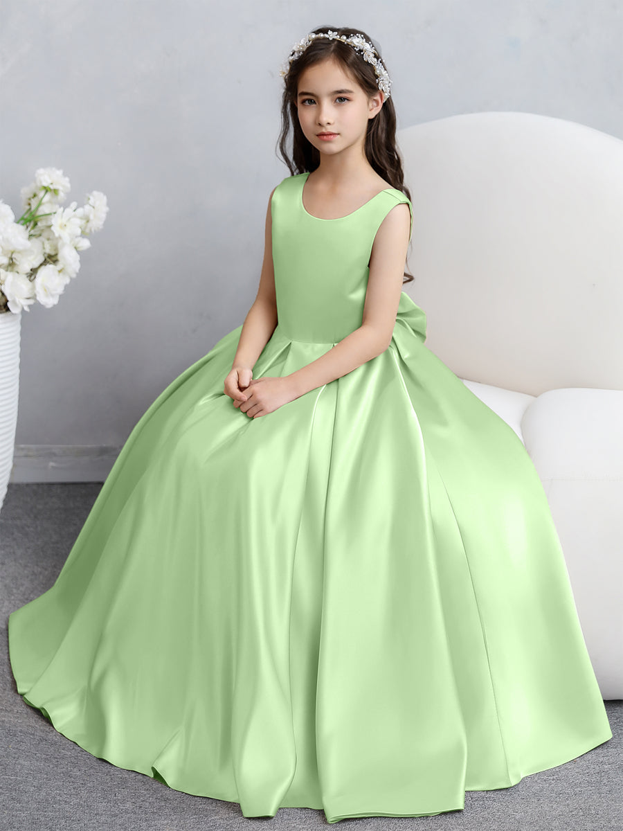Vestidos de Flores de Cetim com Gola Redonda e Laço