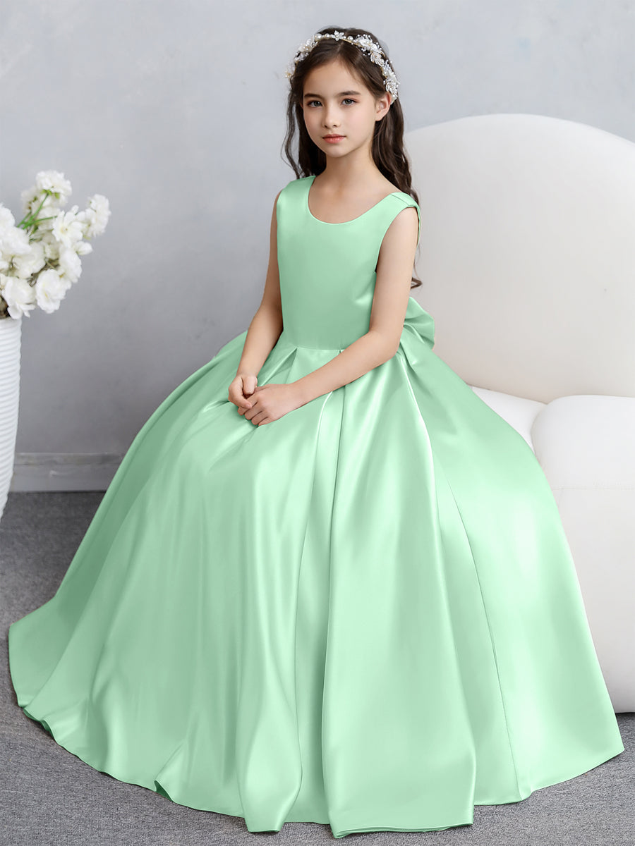 Vestidos de Flores de Cetim com Gola Redonda e Laço