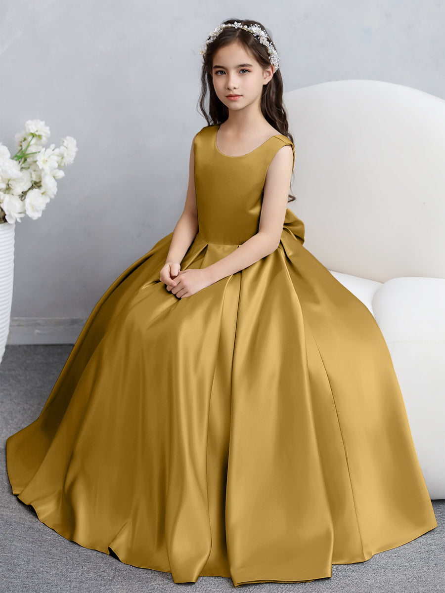 Vestidos de Flores de Cetim com Gola Redonda e Laço