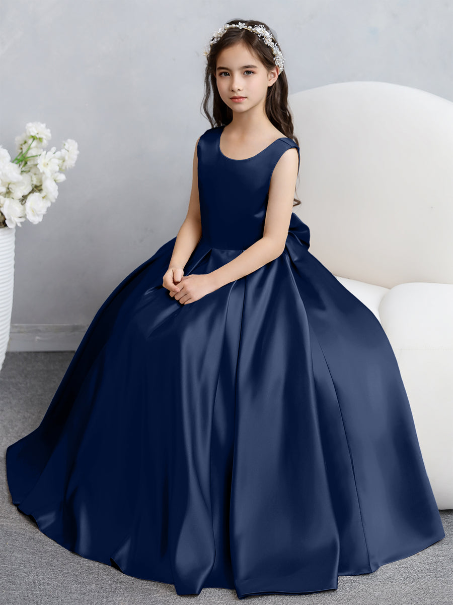 Vestidos de Flores de Cetim com Gola Redonda e Laço