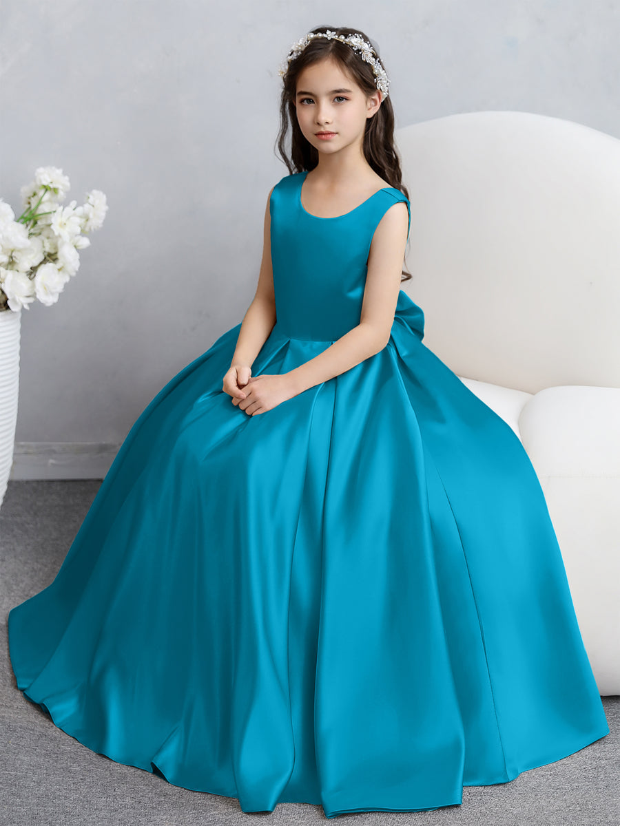 Vestidos de Flores de Cetim com Gola Redonda e Laço