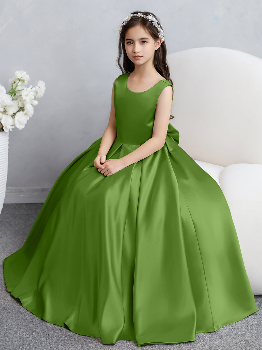 Vestidos de Flores de Cetim com Gola Redonda e Laço