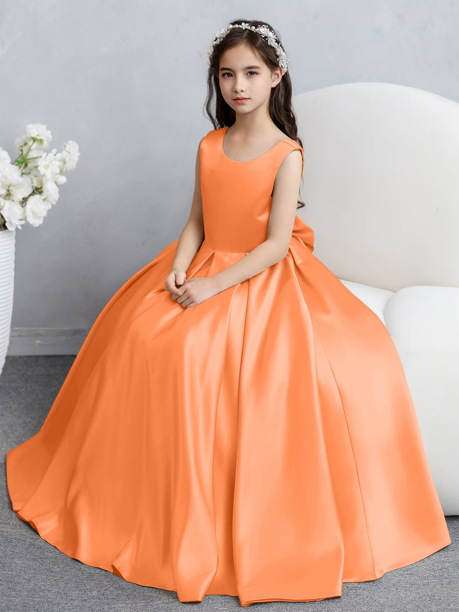 Vestidos de Flores de Cetim com Gola Redonda e Laço
