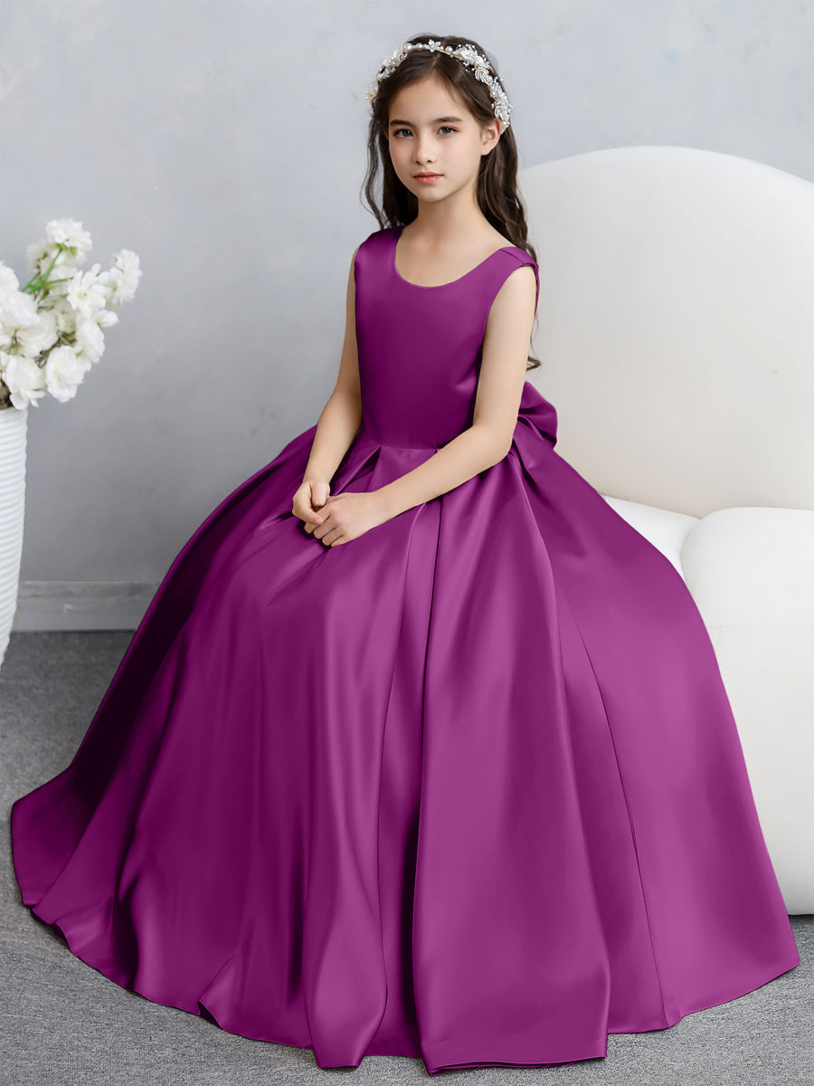 Vestidos de Flores de Cetim com Gola Redonda e Laço