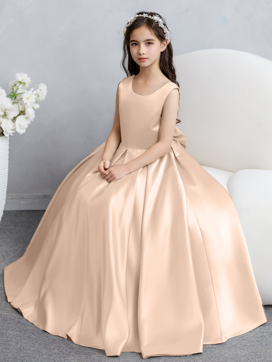 Vestidos de Flores de Cetim com Gola Redonda e Laço