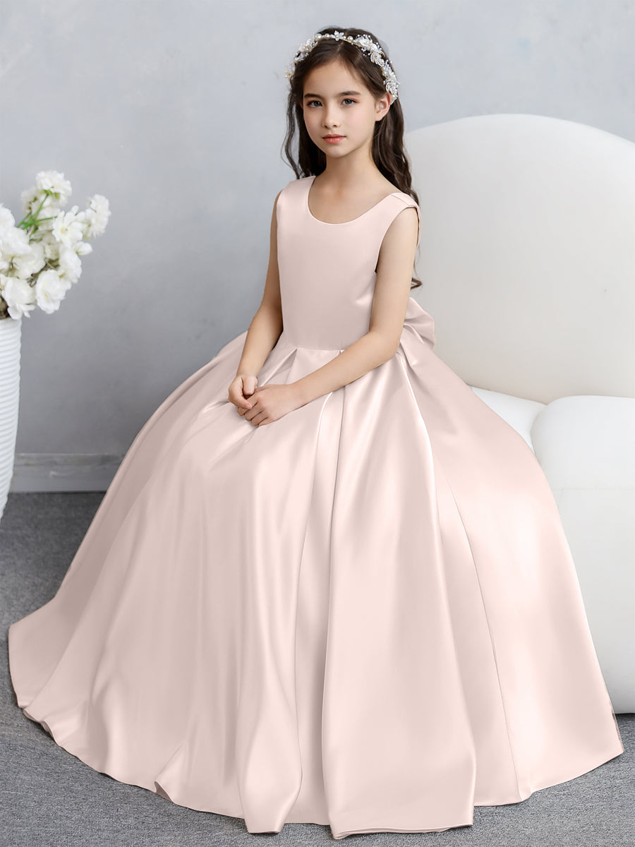 Vestidos de Flores de Cetim com Gola Redonda e Laço