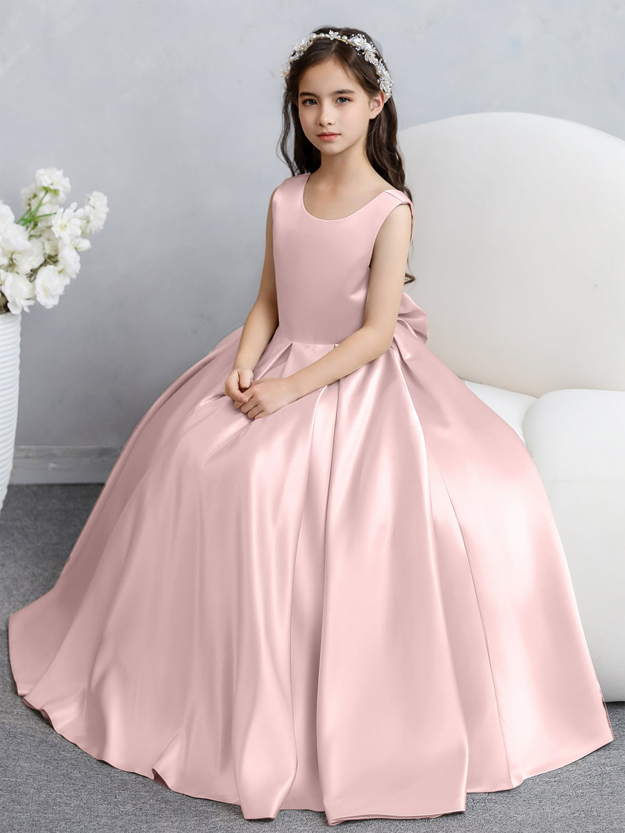 Vestidos de Flores de Cetim com Gola Redonda e Laço