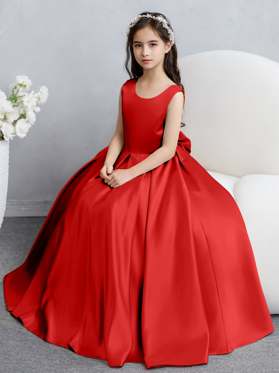 Vestidos de Flores de Cetim com Gola Redonda e Laço