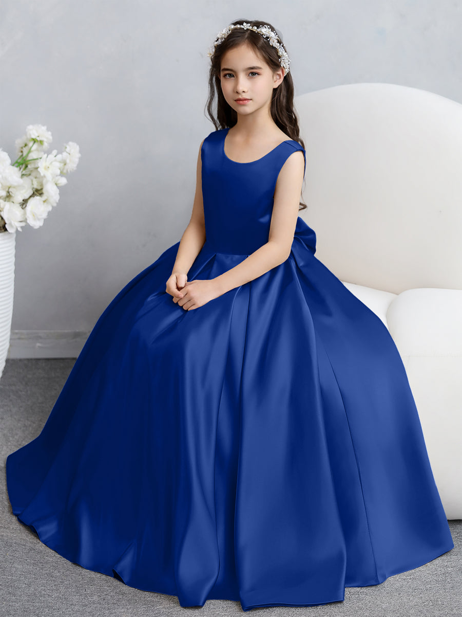 Vestidos de Flores de Cetim com Gola Redonda e Laço