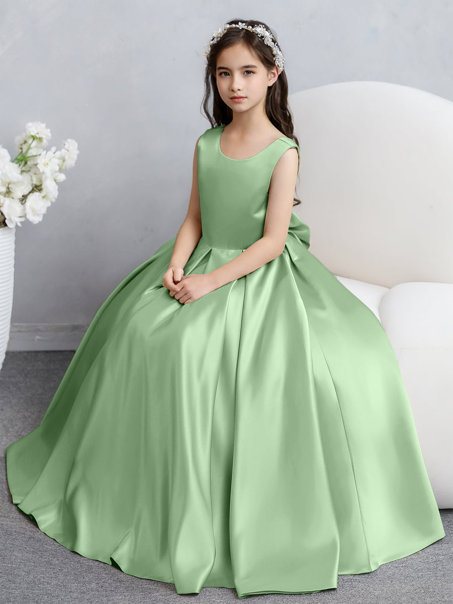 Vestidos de Flores de Cetim com Gola Redonda e Laço