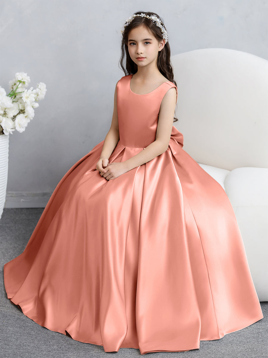 Vestidos de Flores de Cetim com Gola Redonda e Laço