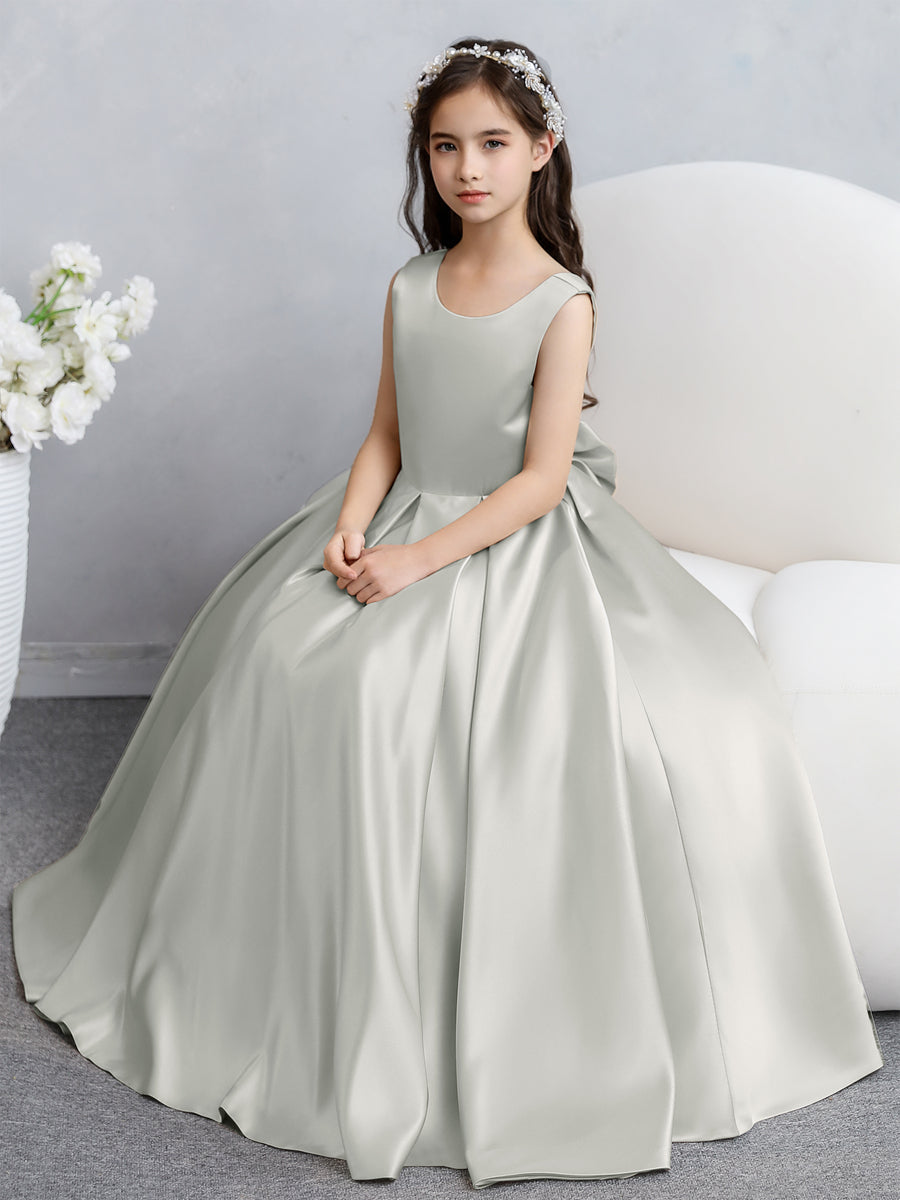 Vestidos de Flores de Cetim com Gola Redonda e Laço