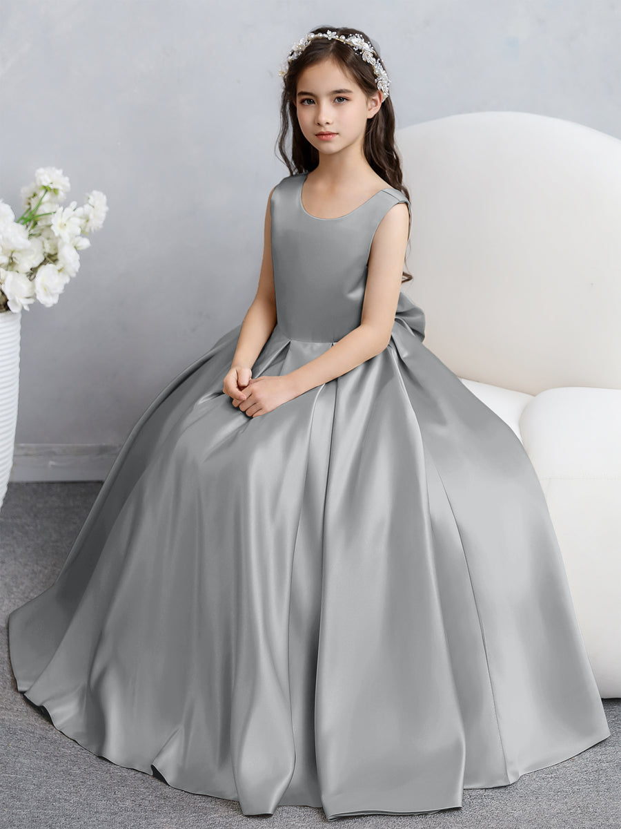 Vestidos de Flores de Cetim com Gola Redonda e Laço