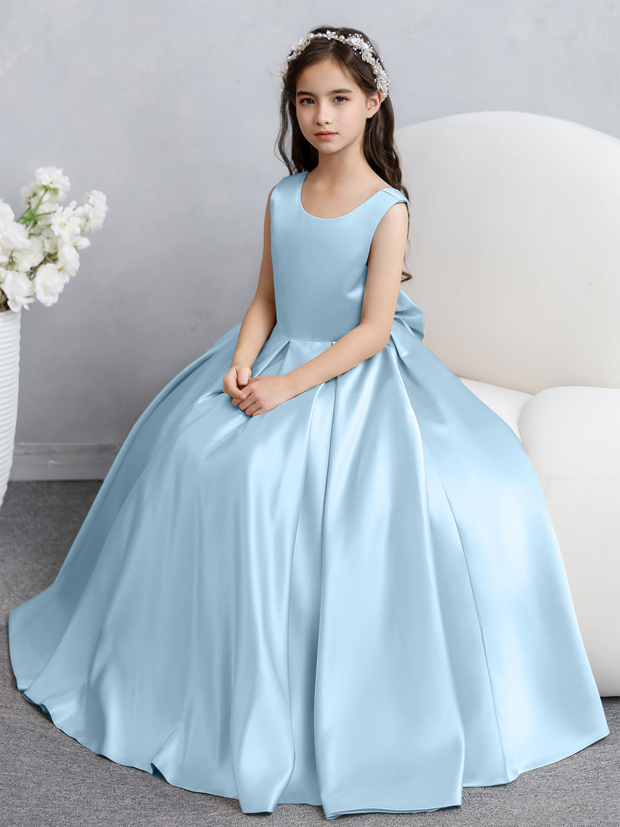 Vestidos de Flores de Cetim com Gola Redonda e Laço
