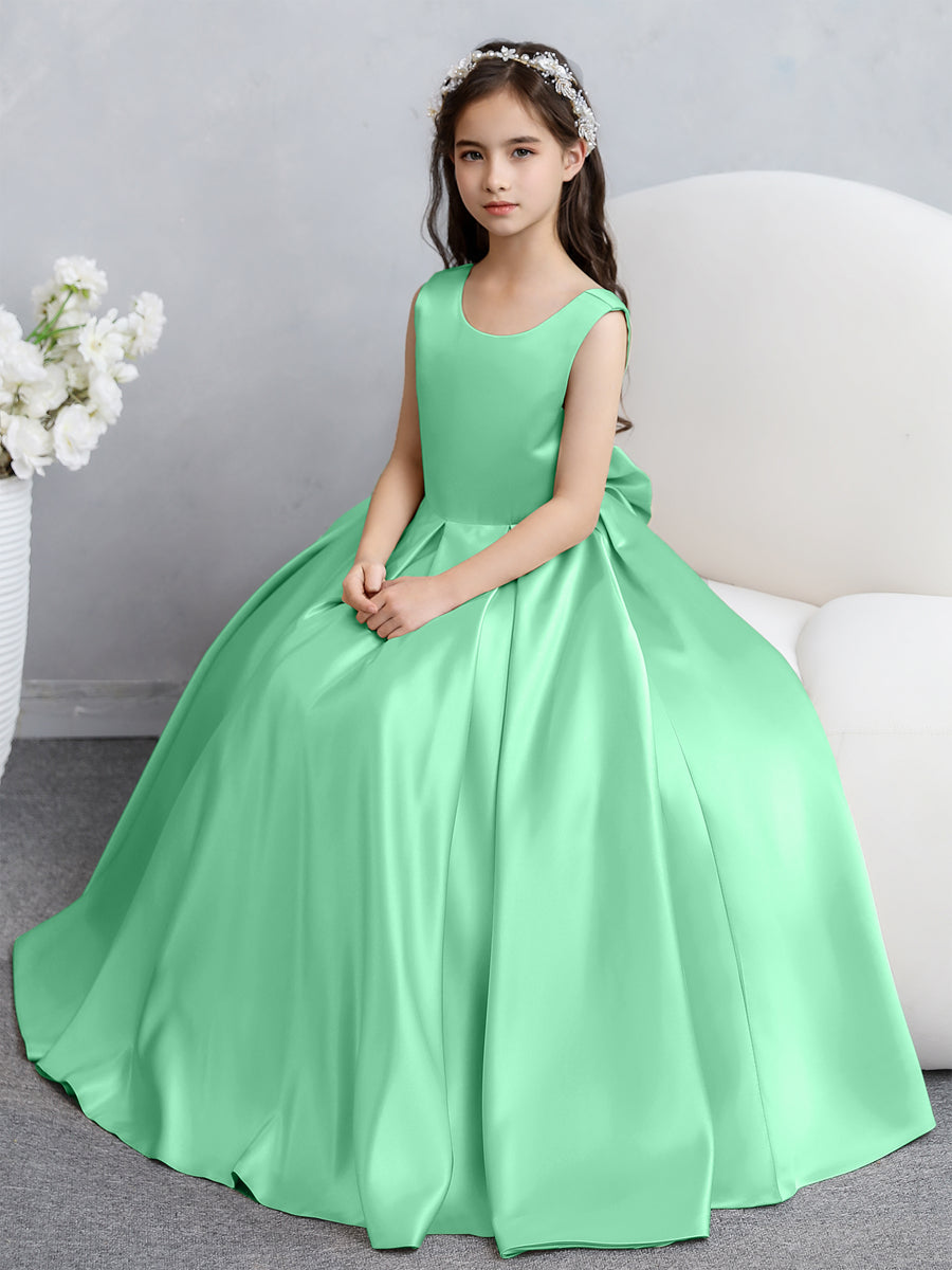 Vestidos de Flores de Cetim com Gola Redonda e Laço