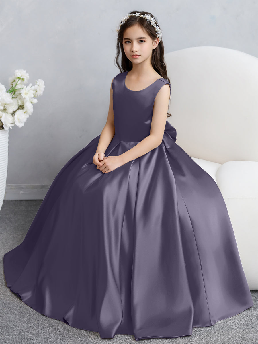 Vestidos de Flores de Cetim com Gola Redonda e Laço